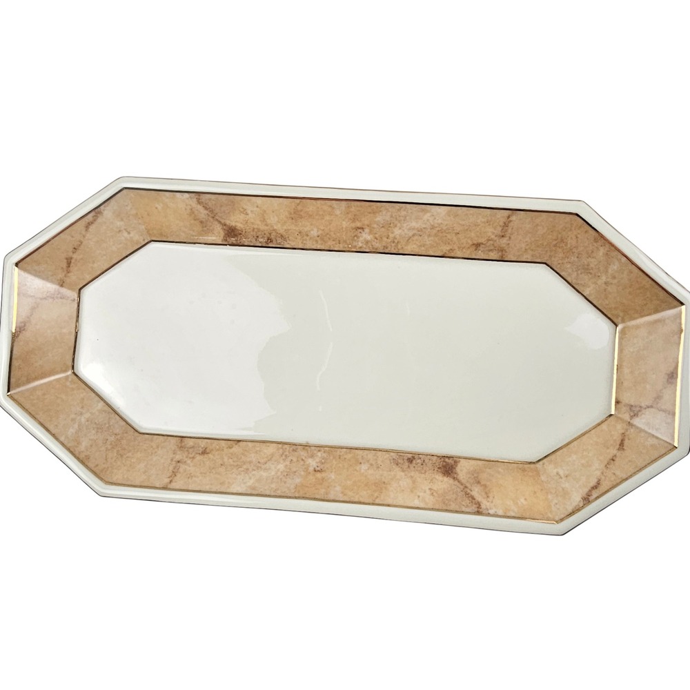 Octagonal Ceramic Serving Tray Marble Pattern Rim Gold Trim Cream Tan 11.5 inch